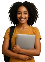 A female student holding her laptop ready for educational travel abroad
